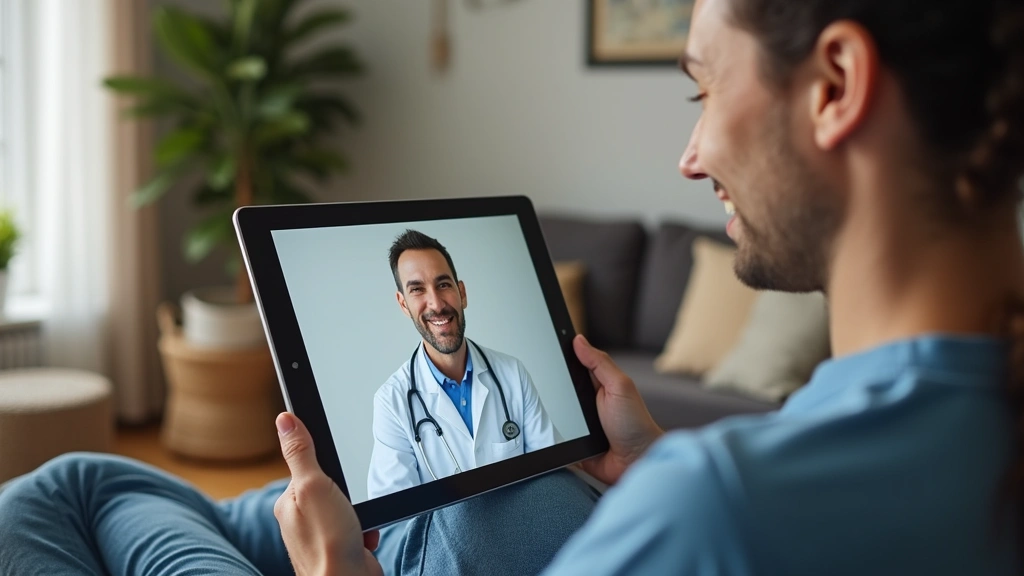 Patient having telehealth video consultation on tablet at home, comfortable living room environment, healthcare technology
