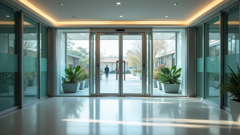 Professional hospital entrance with glass doors and modern architecture, daylight, welcoming atmosphere, no signage text visible