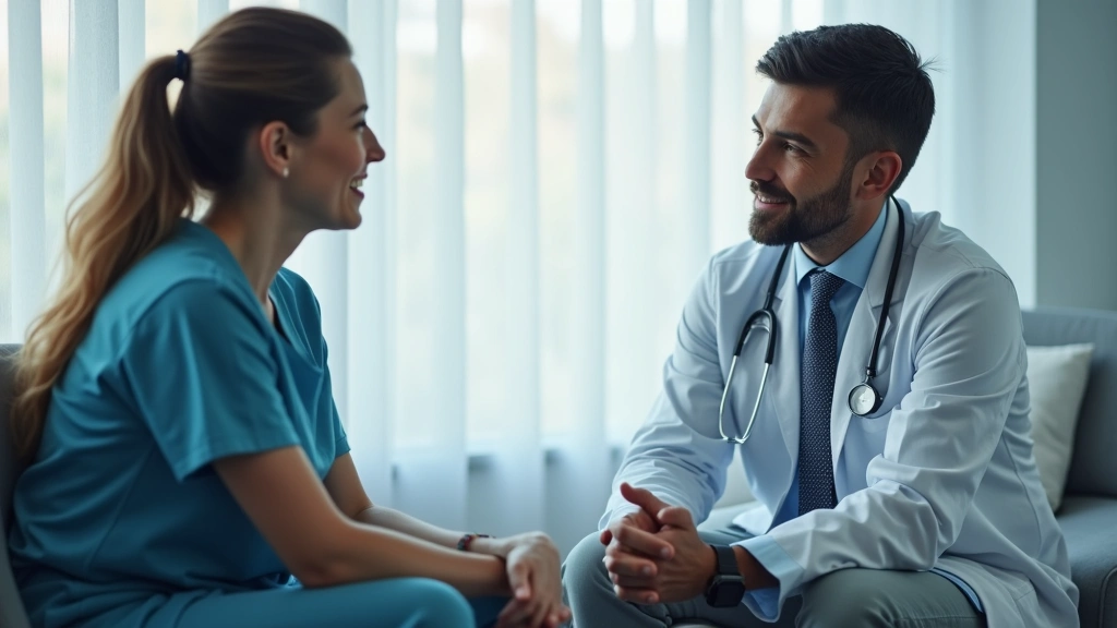 Medical professional consulting with patient in modern hospital room, calm lighting, comfortable clinical setting, both weari