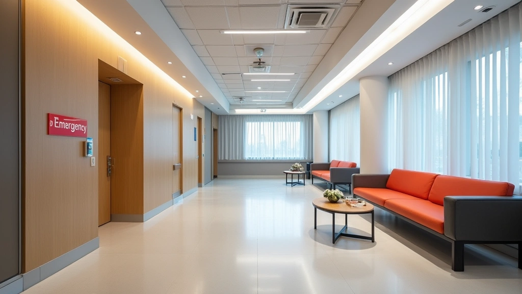 Hospital emergency department waiting area with comfortable seating, clean modern design, warm lighting, no visible text or s