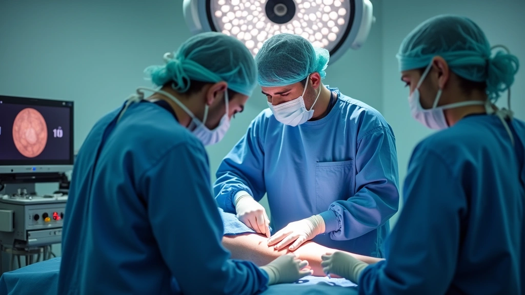 Orthopedic surgeon performing minimally invasive knee arthroscopy in modern surgical suite with advanced equipment, professional medical environment