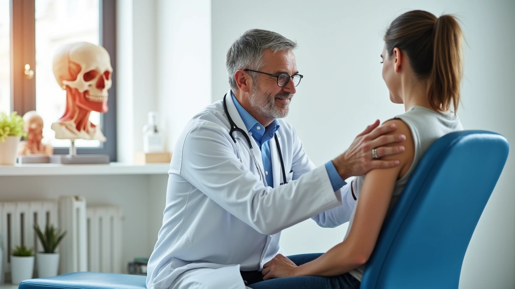 Orthopedic specialist examining patients shoulder and arm during consultation in bright clinical exam room with anatomical mo