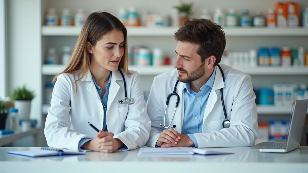 Professional pharmacist in white coat consulting with patient at pharmacy counter, modern bright pharmacy setting with medication shelves in background