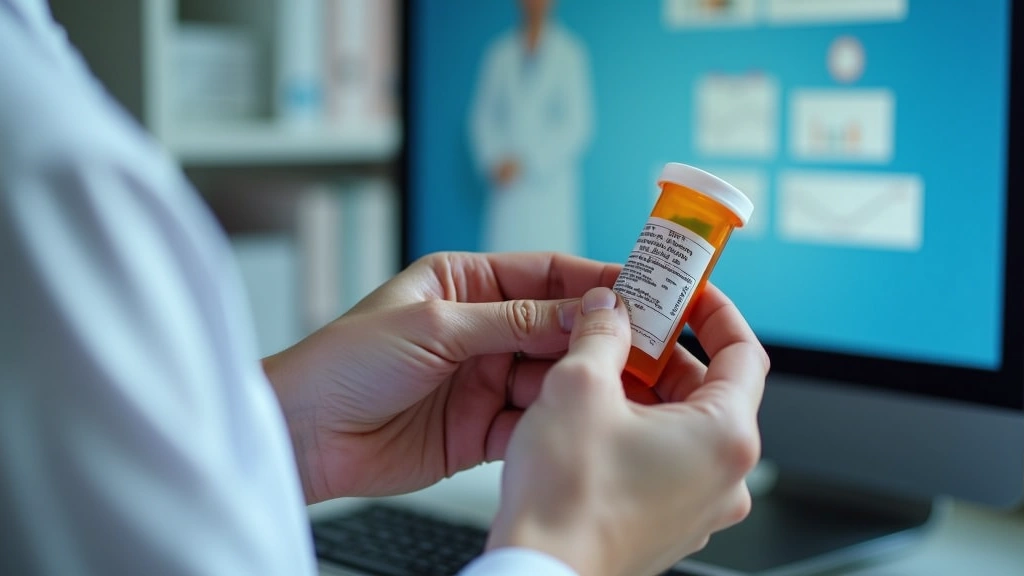 Close-up of pharmacist hands reviewing prescription bottle with patient medical information on computer screen visible