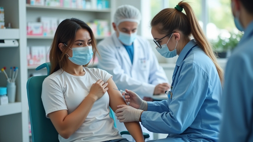 Patient receiving immunization shot from pharmacist in clean clinical pharmacy environment with medical equipment