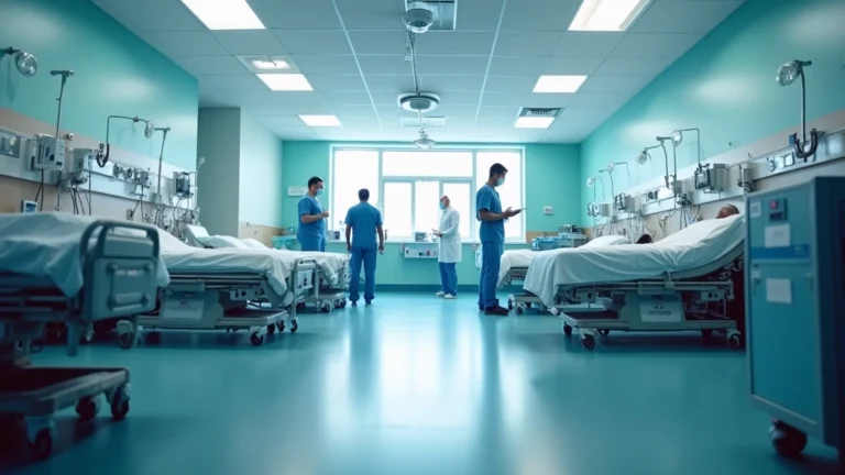 Modern hospital emergency department with medical staff attending to patients, bright lighting, professional medical environment, no text visible