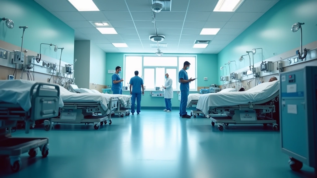 Modern hospital emergency department with medical staff attending to patients, bright lighting, professional medical environm