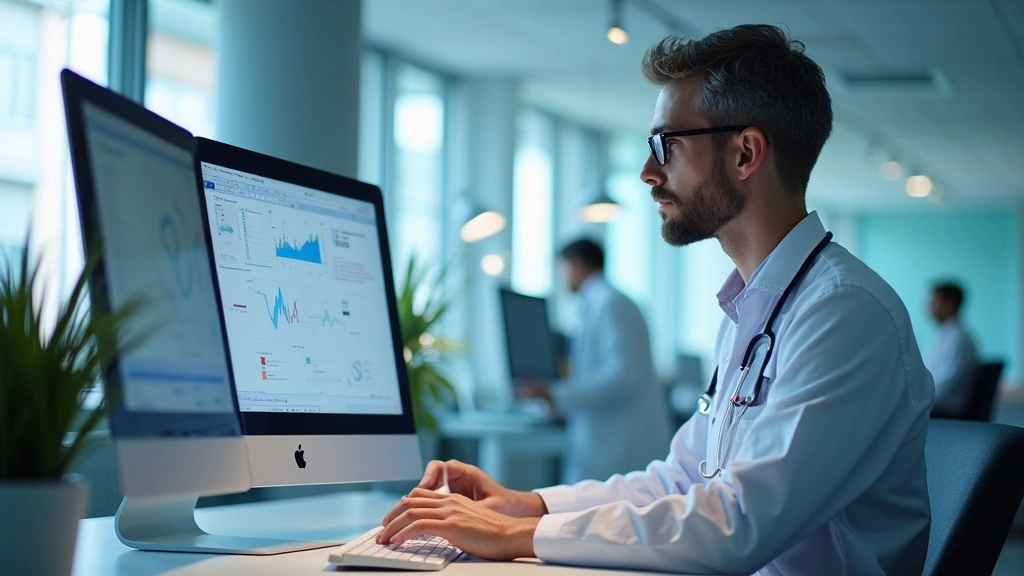 Healthcare professional reviewing patient records at computer workstation in hospital office, modern medical facility backgro