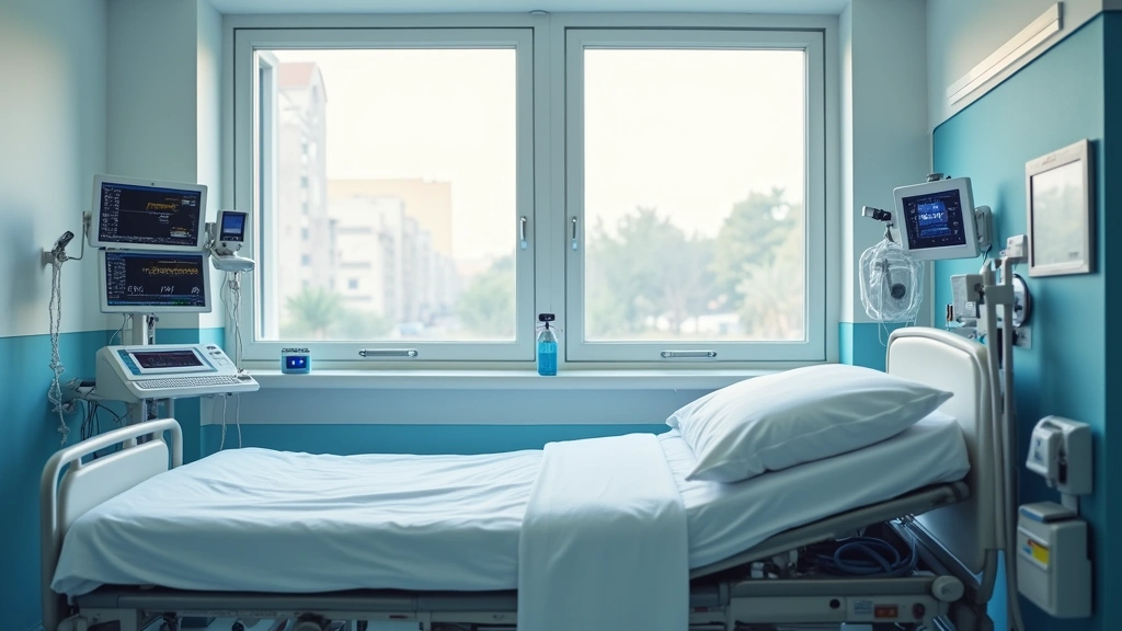 Hospital patient room with medical monitoring equipment, comfortable bed, natural lighting, clean medical environment, no sig