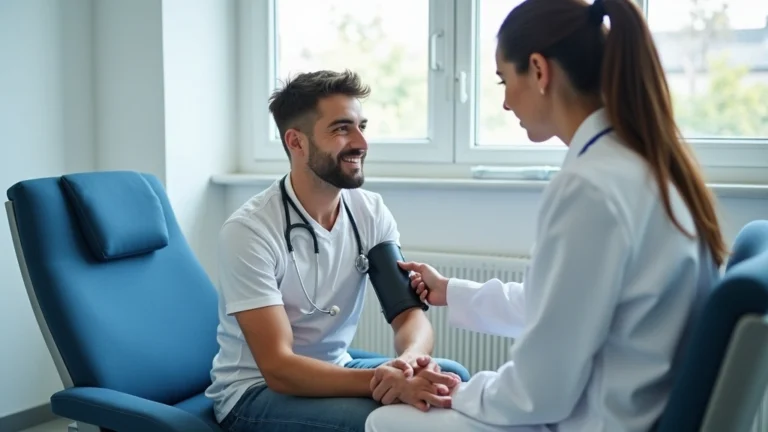 Patient receiving health assessment at medical clinic, healthcare provider taking vital signs, professional medical setting with modern equipment
