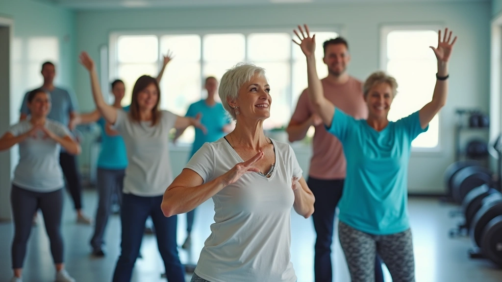 Group fitness class at hospital wellness center, diverse patients exercising together with trainer supervision, bright modern