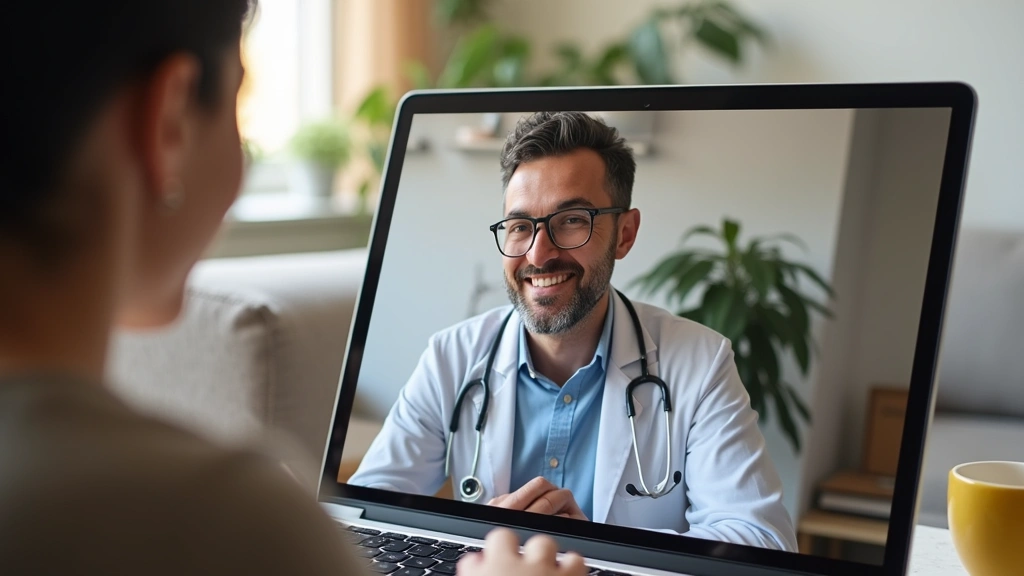 Telehealth consultation, patient at home on video call with healthcare provider, comfortable home setting with technology