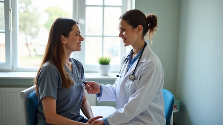 Female patient in examination room with female doctor in white coat conducting wellness checkup, professional medical setting, natural lighting, calm atmosphere