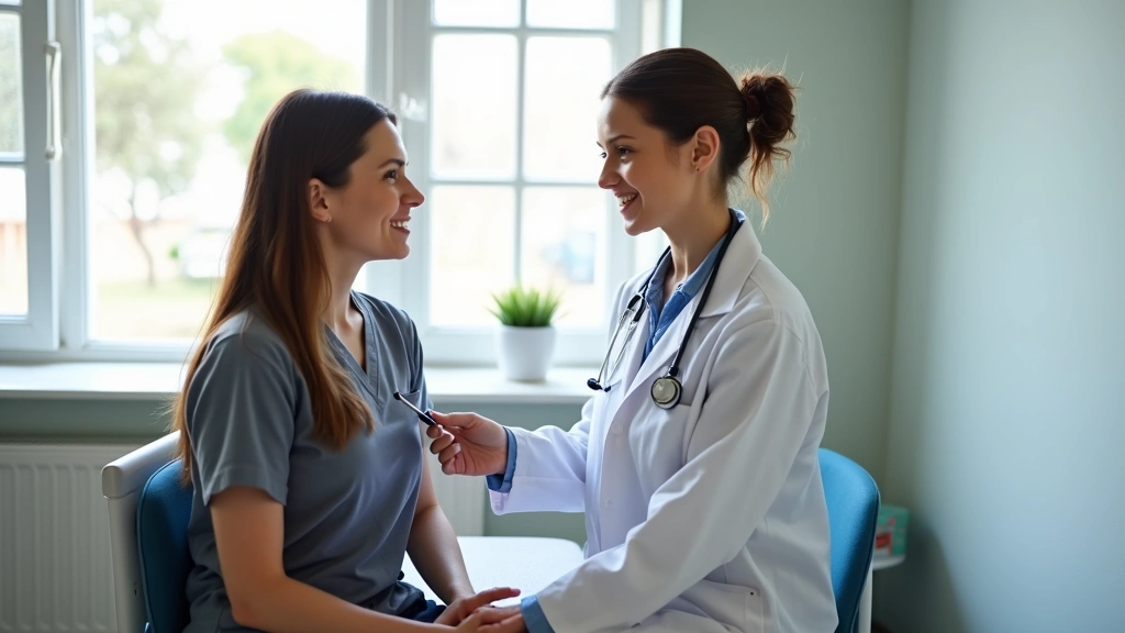 Female patient in examination room with female doctor in white coat conducting wellness checkup, professional medical setting, natural lighting, calm atmosphere