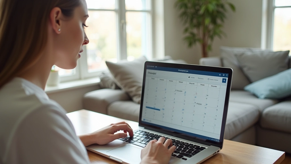 Woman scheduling medical appointment on laptop at home, calendar visible on screen, modern residential setting, peaceful expr