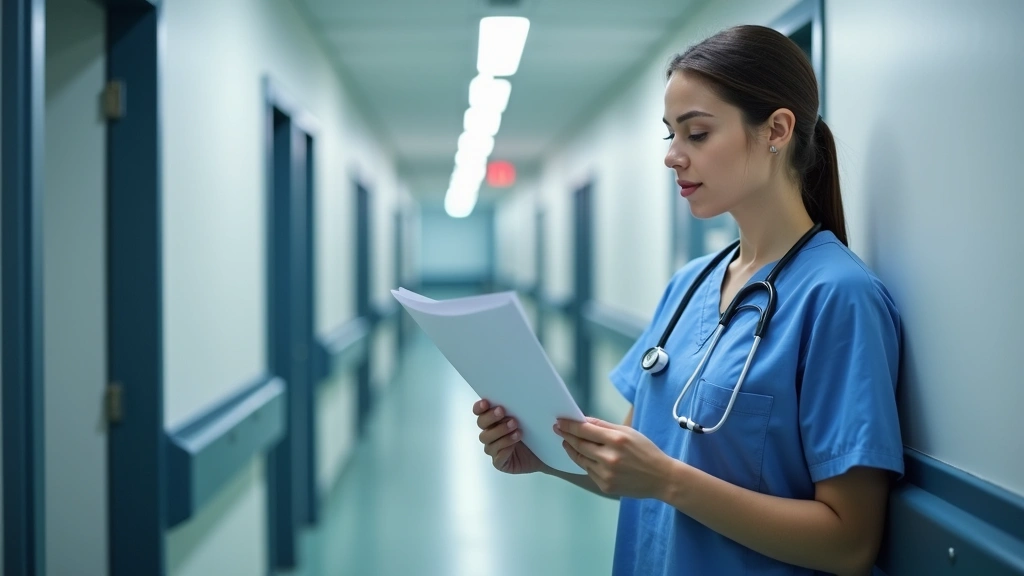 Female healthcare provider in scrubs reviewing patient chart in clinic hallway, professional medical environment, modern hosp