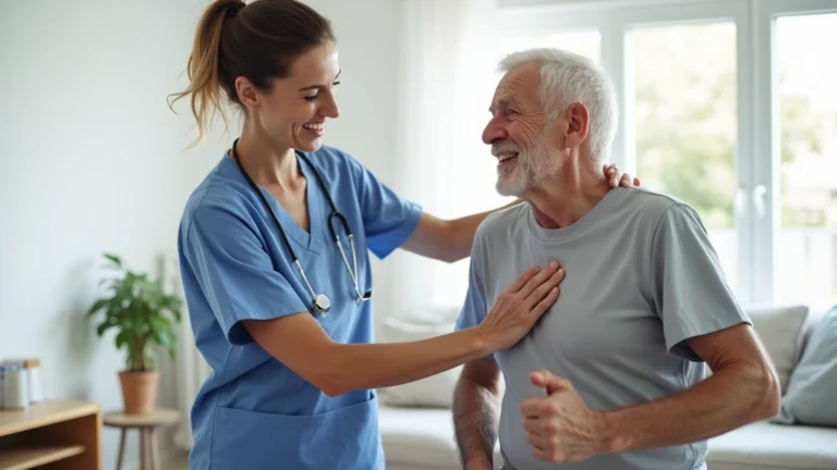 Professional nurse in scrubs assisting elderly patient with mobility exercises in bright, modern home setting with natural lighting