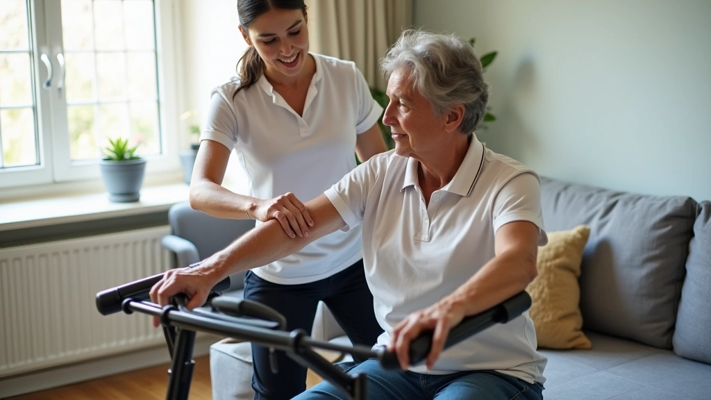 Licensed physical therapist working with middle-aged patient on rehabilitation exercises in home living room with therapy equ