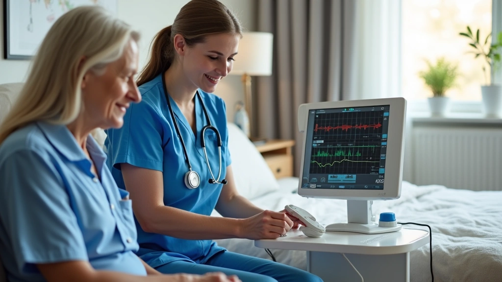 Home health nurse checking vital signs of patient in comfortable home bedroom environment with medical monitoring equipment