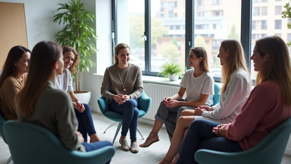 Diverse group therapy session in modern clinical setting with participants sitting in circle, supportive environment, healthc