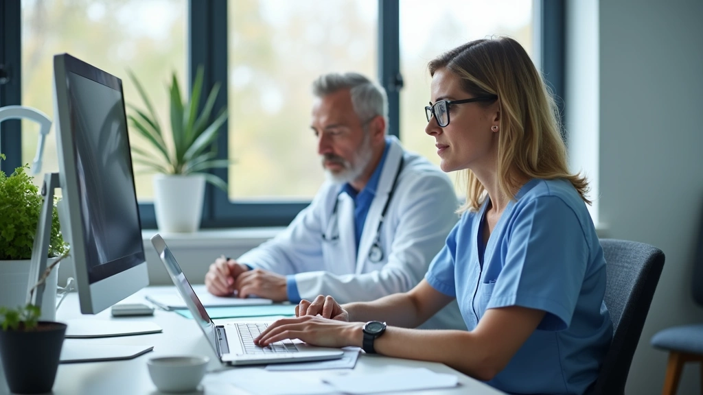 Mental health professional reviewing patient records at desk with computer, professional medical office, Lexington healthcare
