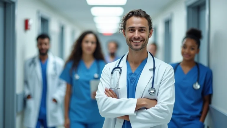 Professional medical staff in modern hospital hallway, diverse healthcare workers in scrubs and white coats, bright clinical lighting, clean contemporary hospital environment