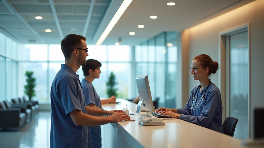 Patient checking in at hospital reception desk, friendly medical receptionist at computer workstation, modern hospital lobby 