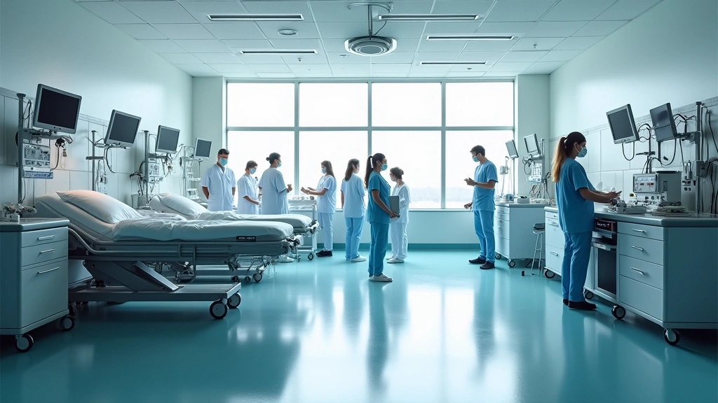 Emergency room triage area with medical monitors and equipment, healthcare professionals in clinical setting, bright emergenc