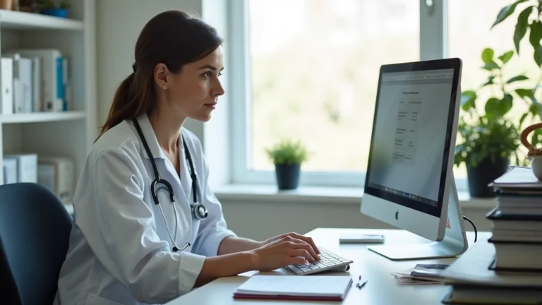 Professional therapist in clinical office reviewing patient documentation on computer, organized desk with medical records, natural lighting from window, focused clinical environment