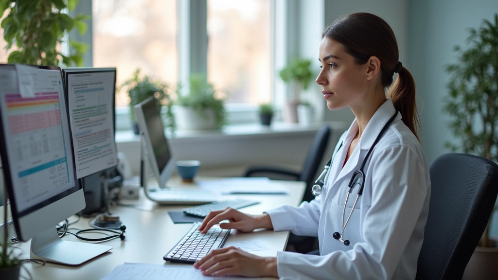 Healthcare billing specialist working at desk with insurance claim forms and computer, professional office setting with medic