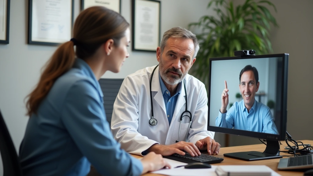 Psychiatrist conducting telehealth session on computer in private office, professional medical setting with certificates on w
