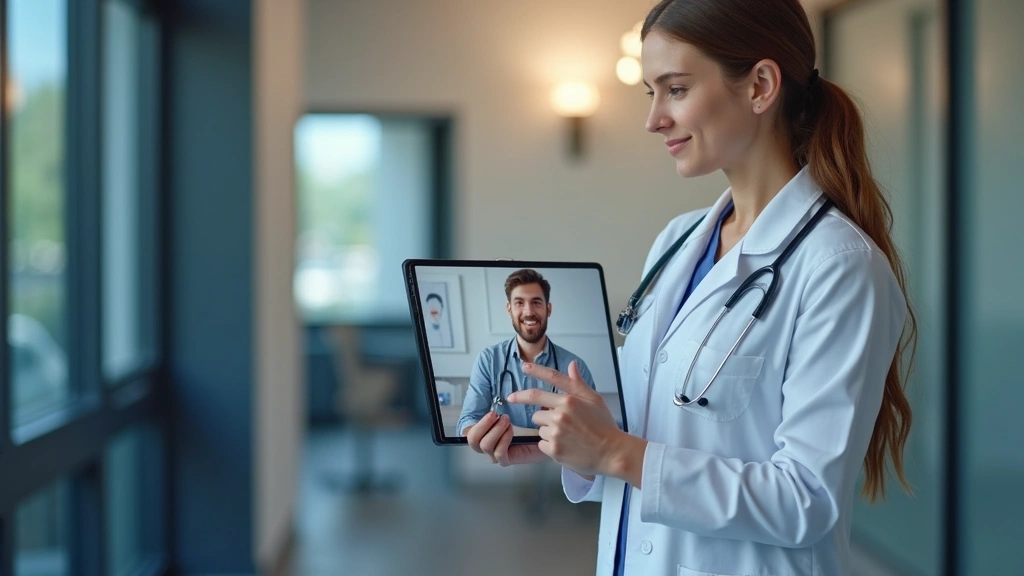 Professional healthcare provider conducting video consultation on tablet with patient visible on screen, modern medical office background, warm lighting