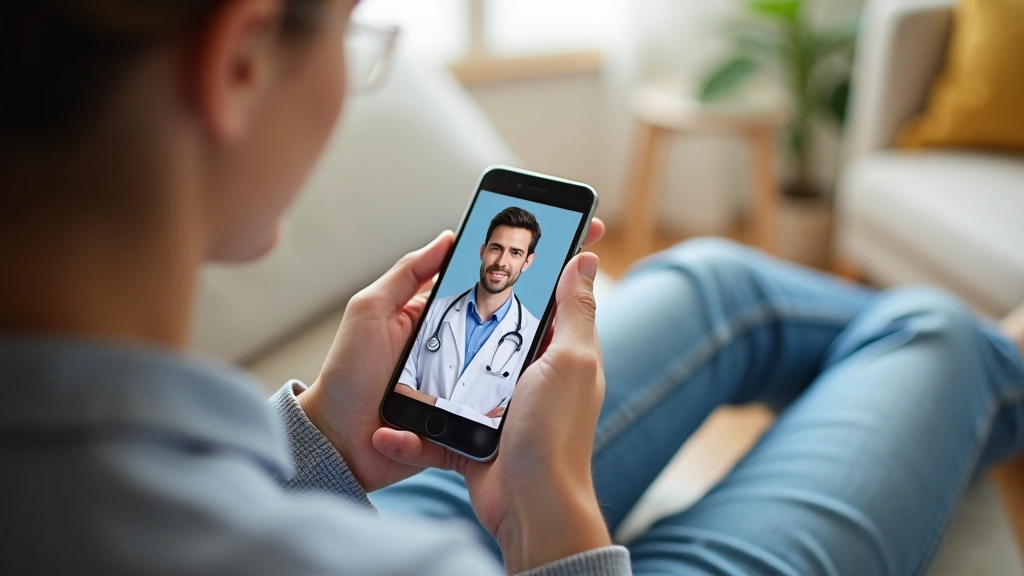 Patient using smartphone for virtual telehealth appointment with licensed doctor on video call, comfortable home setting, nat