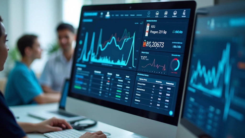 Digital health dashboard displaying patient medical records, vitals, and prescription history on computer monitor, clinical h