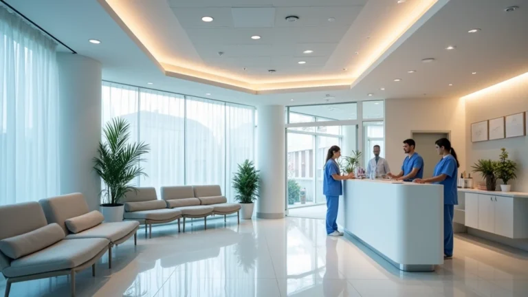 Modern medical clinic interior with welcoming reception desk, comfortable seating, professional healthcare staff in scrubs, bright lighting, clean contemporary design