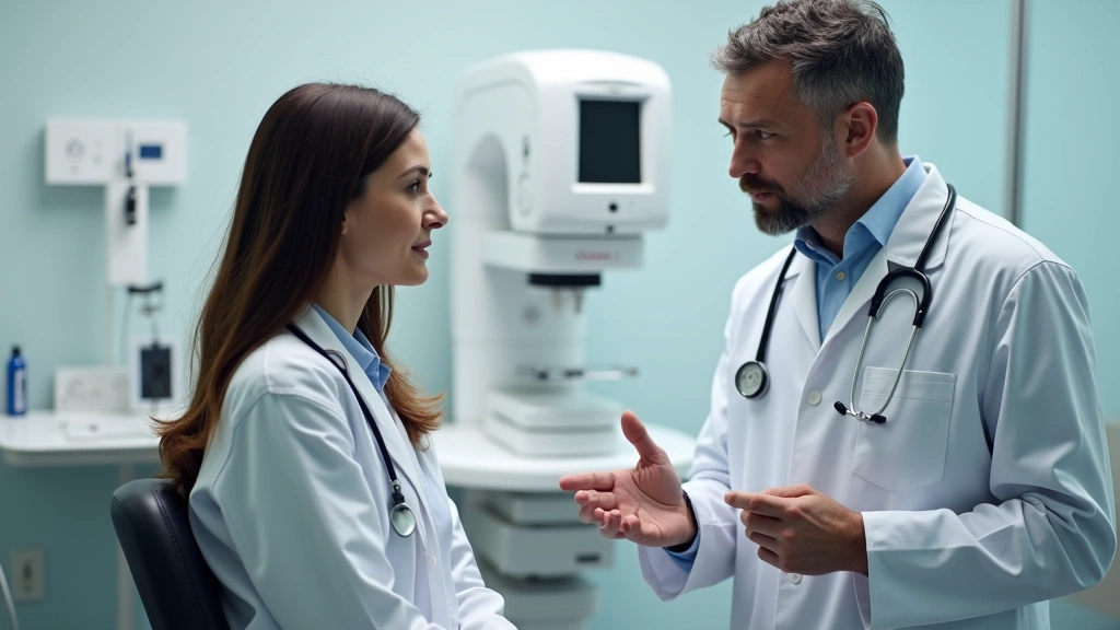 Healthcare provider in white coat consulting with patient in examination room, professional medical setting with diagnostic e