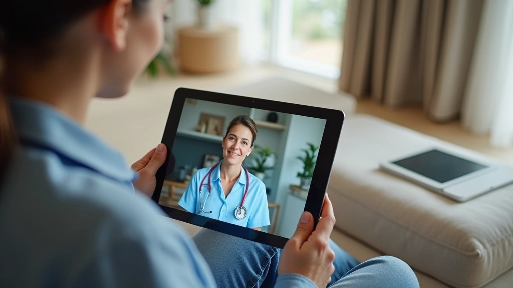 Patient using tablet for telehealth video consultation at home, comfortable home environment, healthcare provider visible on 