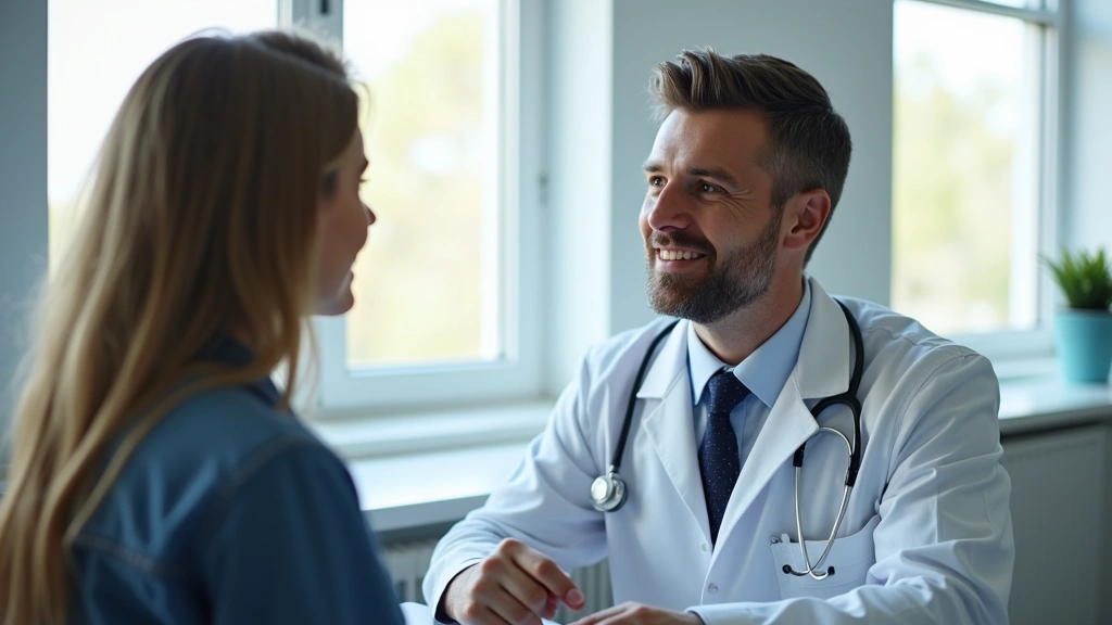 Professional healthcare provider in white coat consulting with patient in modern medical clinic examination room with natural lighting