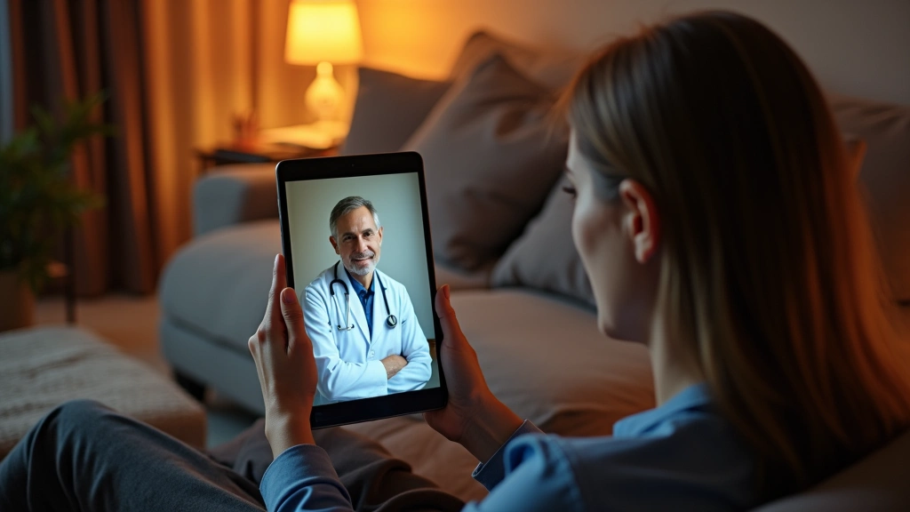 Patient using tablet computer for virtual telehealth appointment with doctor in home setting, warm ambient lighting