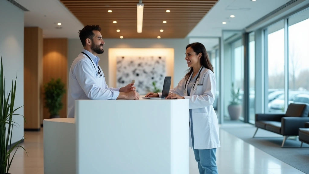 Modern medical facility reception desk with welcoming staff assisting patient, contemporary healthcare office environment