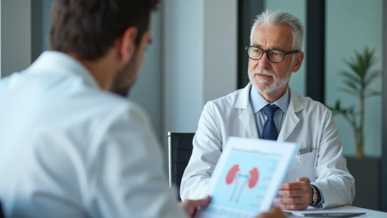Professional nephrologist reviewing kidney function test results with patient during medical consultation in modern clinic
