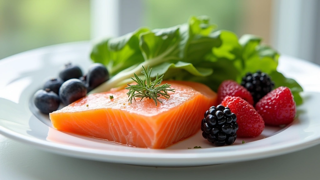Variety of fresh fatty fish, leafy greens, and berries arranged on white plate in bright medical nutrition setting