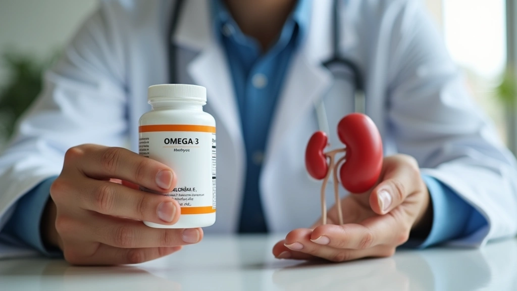 Close-up of hands holding omega-3 supplement bottle with kidney model visible on desk in healthcare office