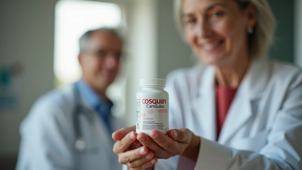 Close-up of hands holding Cosequin capsule bottle with aging person in background, natural lighting, clinical setting