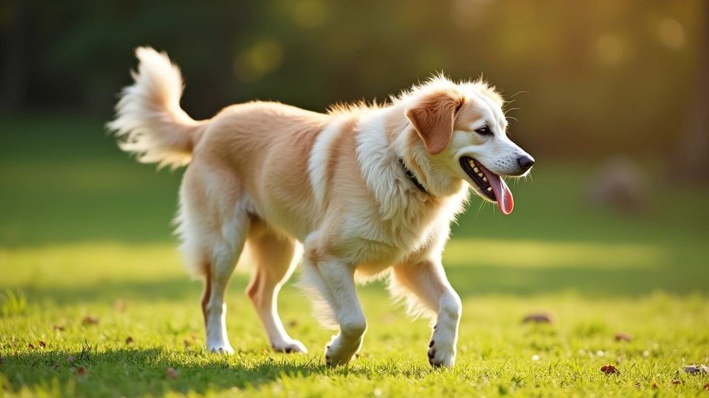 Senior dog walking on grass with visible comfort and mobility, bright outdoor daylight, healthy posture