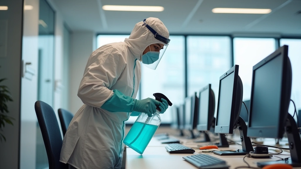 Professional cleaning technician in protective equipment applying hospital-grade disinfectant to office desk and keyboard with spray bottle in modern corporate environment