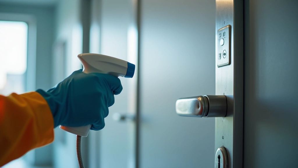 Close-up of gloved hands using electrostatic spraying device to disinfect high-touch surfaces like door handles and light swi