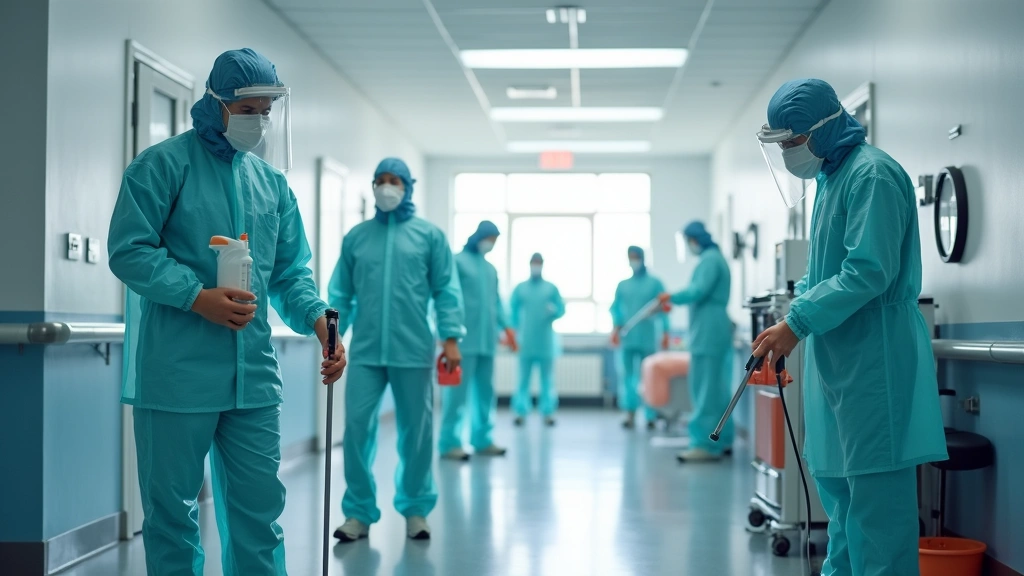 Team of trained cleaning professionals in safety gear conducting systematic disinfection protocol in medical facility with EP