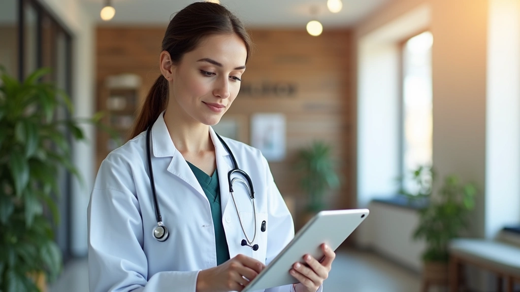 Professional healthcare professional in modern clinic setting reviewing patient medical records on digital tablet, warm medical office environment with natural lighting