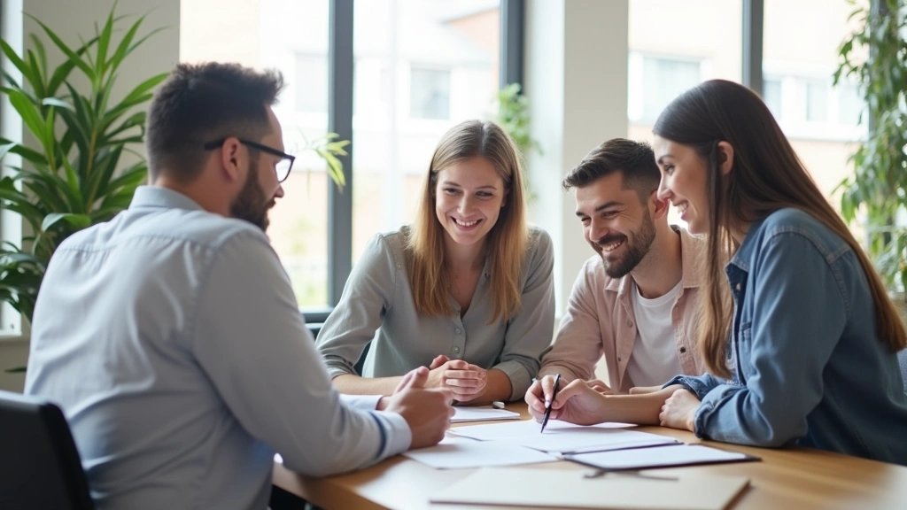 Family of four meeting with insurance agent at bright modern office desk, reviewing health plan documents, professional healt